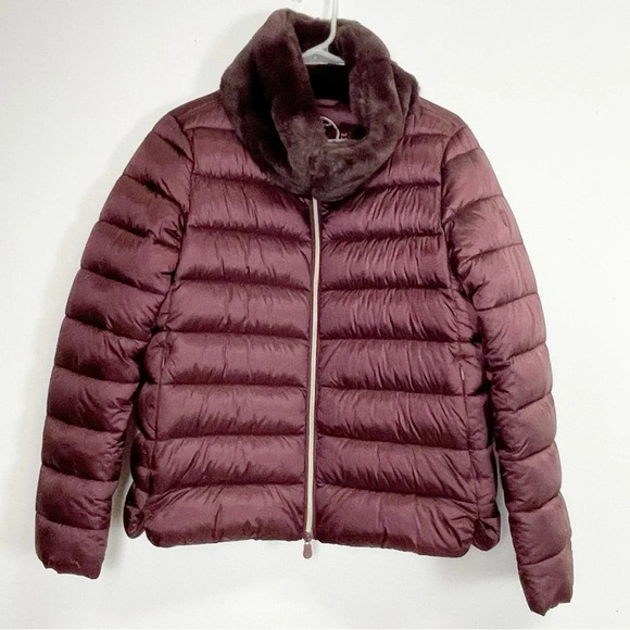 NEW Save The Duck Coat Womens Large Mei Puffer Jacket Burgundy Faux Fur Collar - Picture 1 of 11